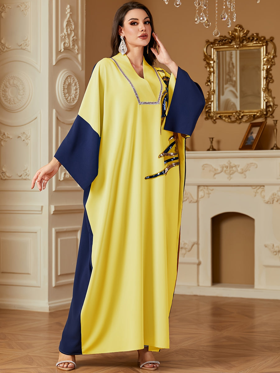 Fashion Contrast Color Patchwork Sequin Bead Bat Sleeve Long Sleeve Loose Dress - Yellow