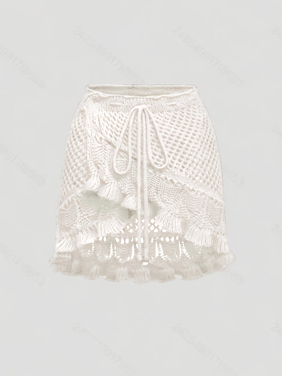 Targeted Style - Women's Elegant Casual Mini Skirt - Summer Beach Hollow Dress, Solid Color Minimalist, Soft and Comfortable Fabric - White