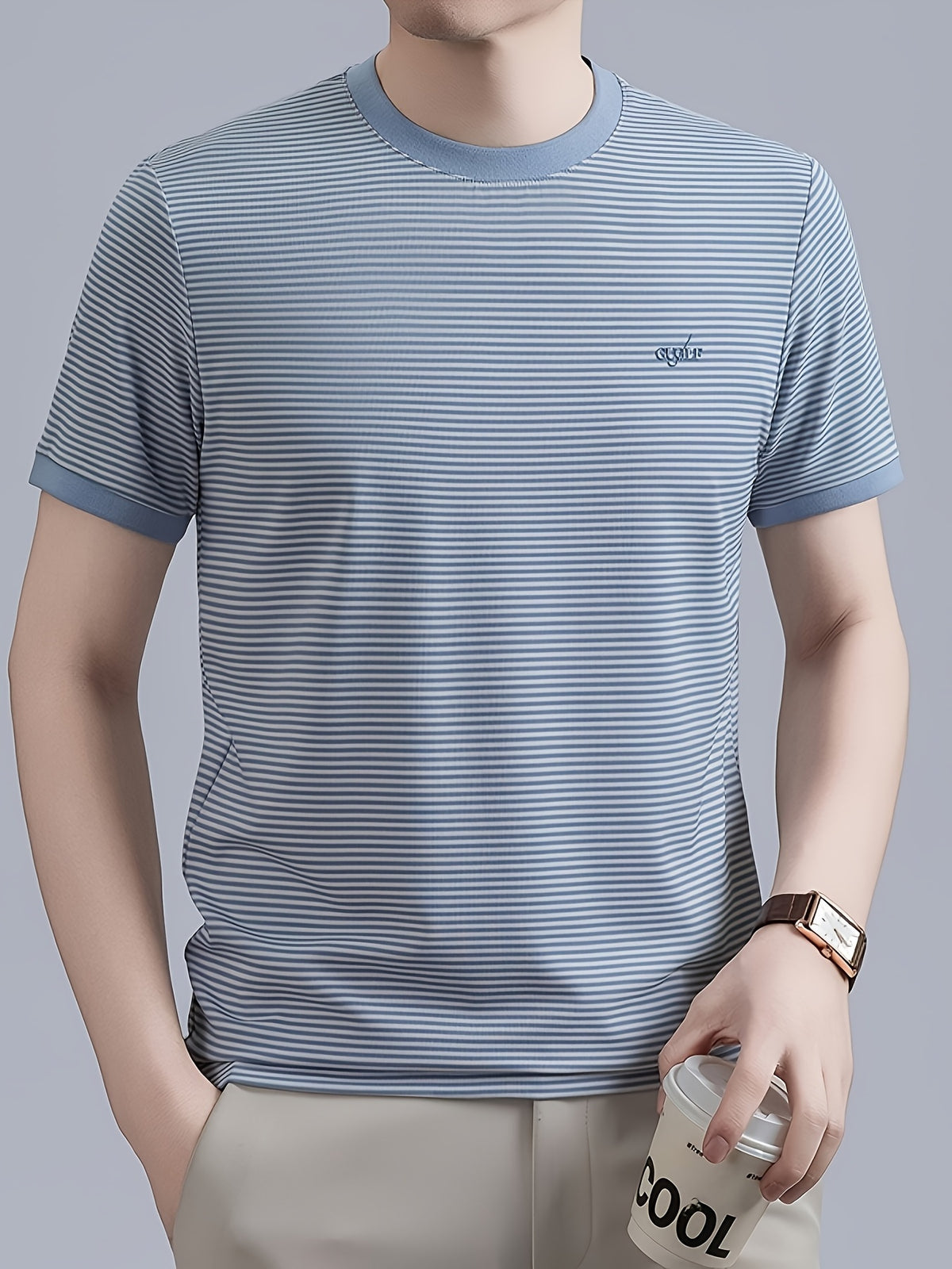 Men's Breathable Short-Sleeve T-Shirt - Business Casual Round Neck Striped Tee with Subtle Suitable for Work & Daily Wear, Machine Washable Suitable for Office, -Casual Outfits, Father's Day Gift for - Blue