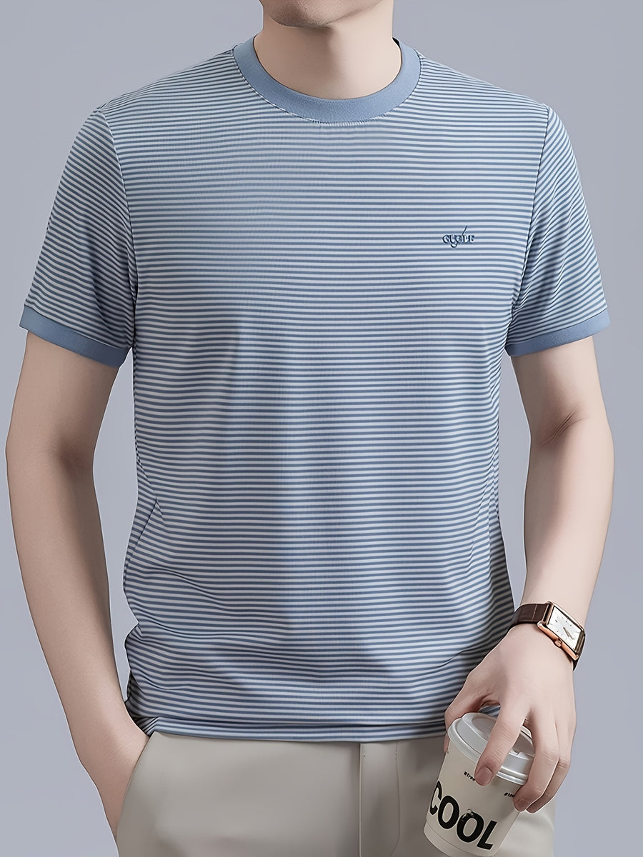 Men's Breathable Short-Sleeve T-Shirt - Business Casual Round Neck Striped Tee with Subtle Suitable for Work & Daily Wear, Machine Washable Suitable for Office, -Casual Outfits, Father's Day Gift for - Blue