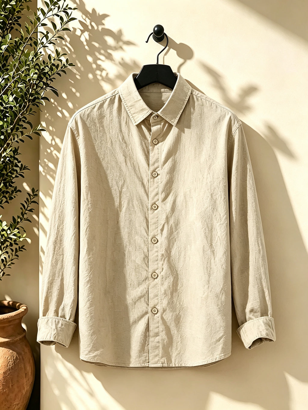 Men's Outdoor Button-Up Long Sleeve Solid Shirt for Back-to-School Season, Regular Fit Suitable for Daily Wear in Spring and Autumn - Khaki