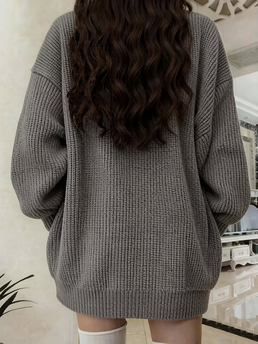 Button Front Cardigan With Patched Pocket, Casual V Neck Solid Color Ribbed Drop Shoulder Cardigan For Fall & Winter, Women's Clothing - Grey