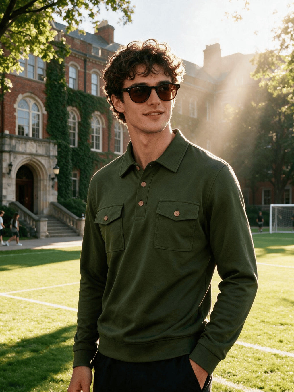 2026 New Men'S Long Sleeve Cargo Polo Sweatshirt, Double Pocket Lapel Design, Autumn Casual Commuter Pullover Top, Christmas Thanksgiving Gift for Boyfriend Husband - Olive Green