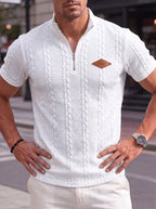 Men's Fashion Top, Spring/Summer Casual Random Cut Textured Jacquard Fabric Zipper Half-Open Placket Short Sleeve Patchwork Men's Henley Shirt - White