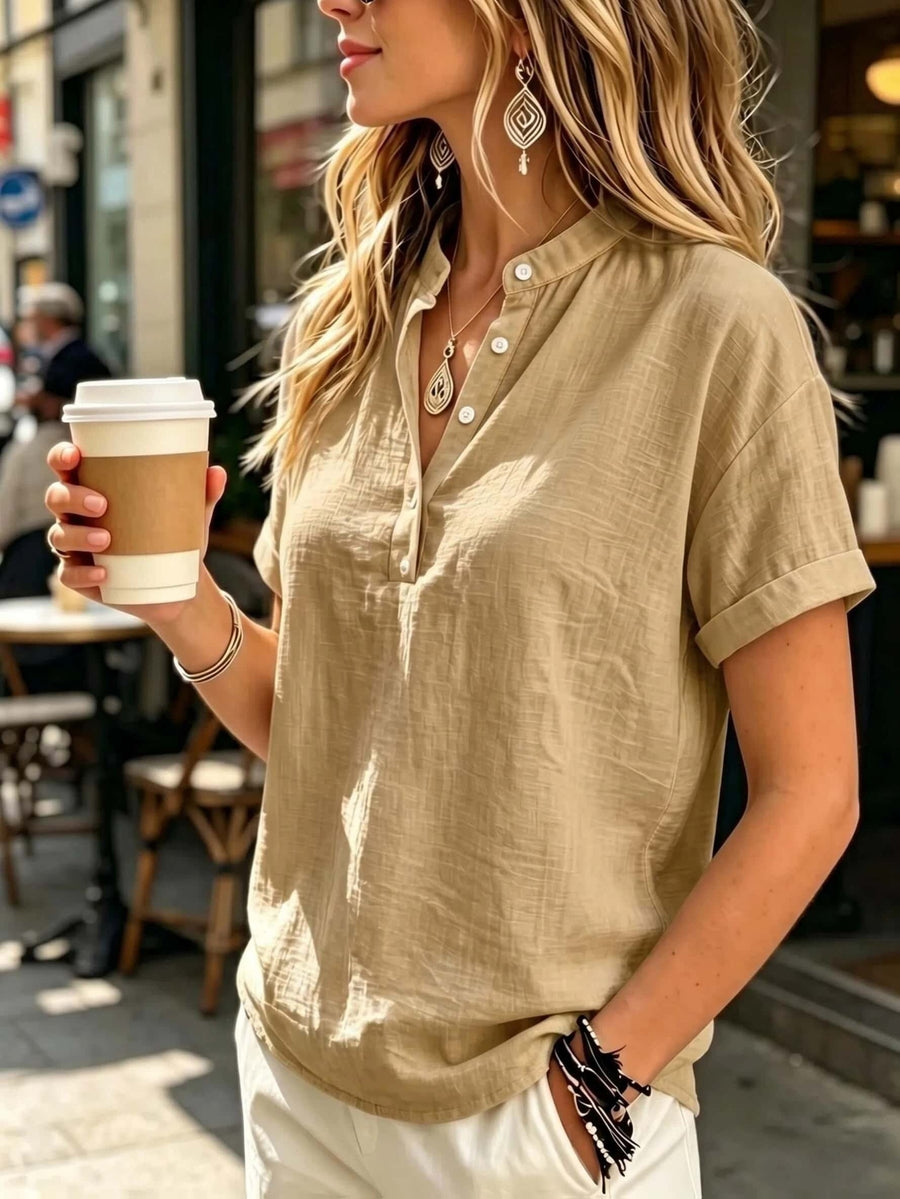 Ladies' Casual Solid Color Short Sleeve Shirt, Versatile Commuting Style Top, Loose And Comfortable, Lightweight And Breathable - Apricot