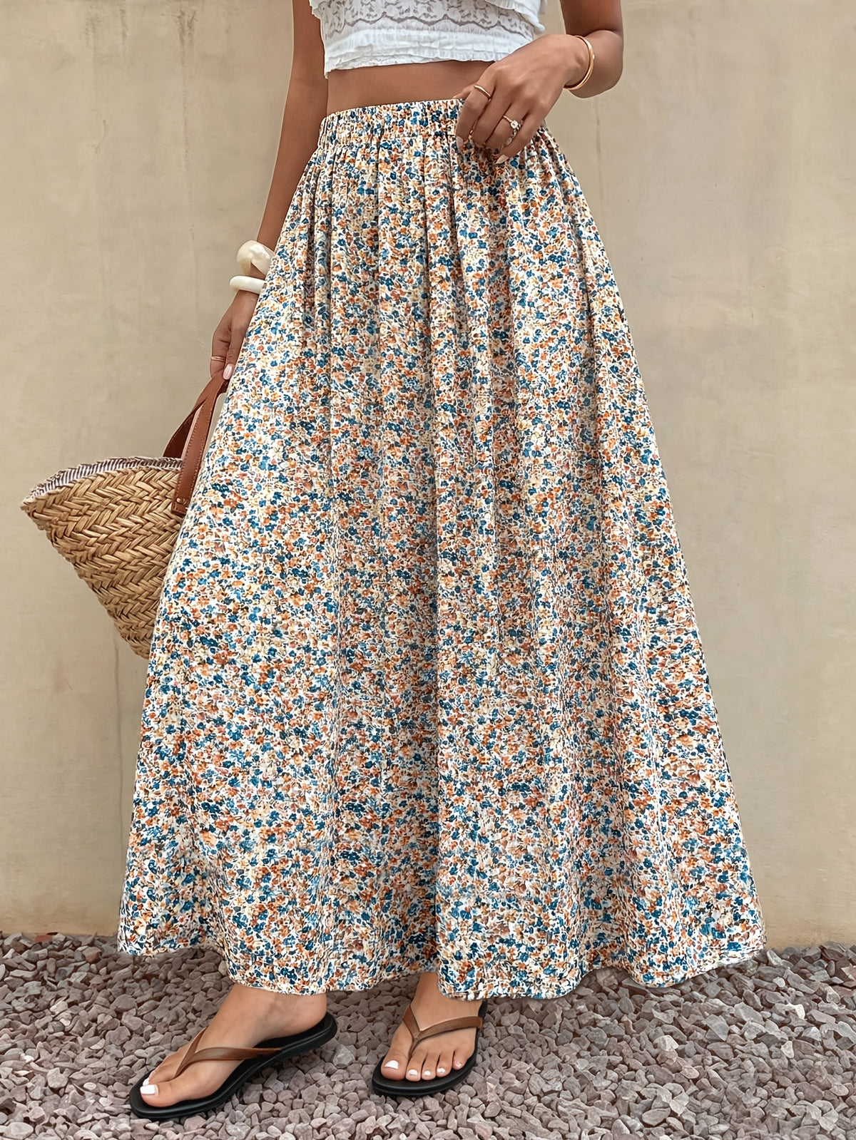 Women's Summer Elegant Vacation Floral Print Skirt, Elastic Waistband, Bohemian Style Maxi Skirt - Apricot