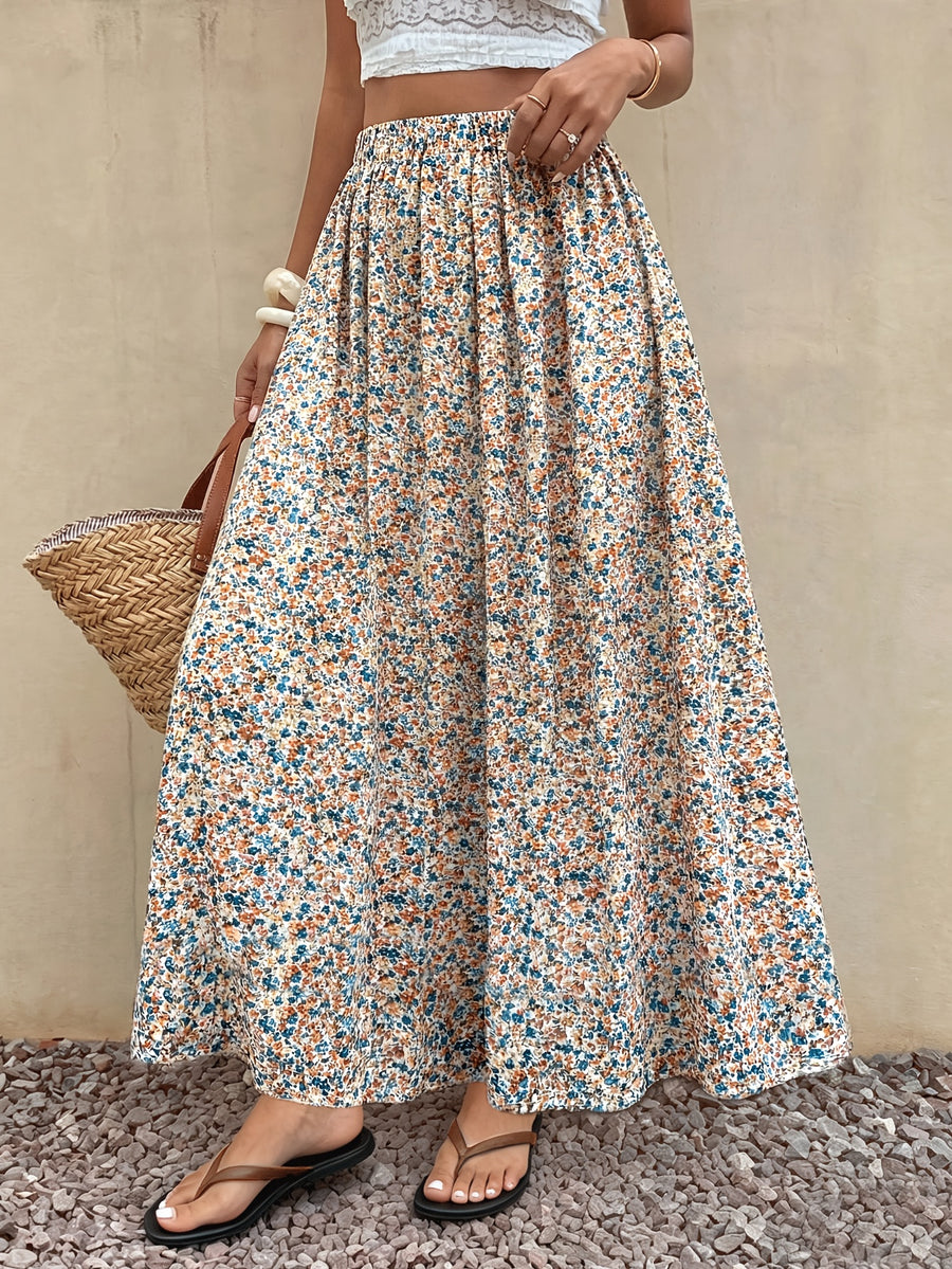 Women's Summer Elegant Vacation Floral Print Skirt, Elastic Waistband, Bohemian Style Maxi Skirt - Apricot