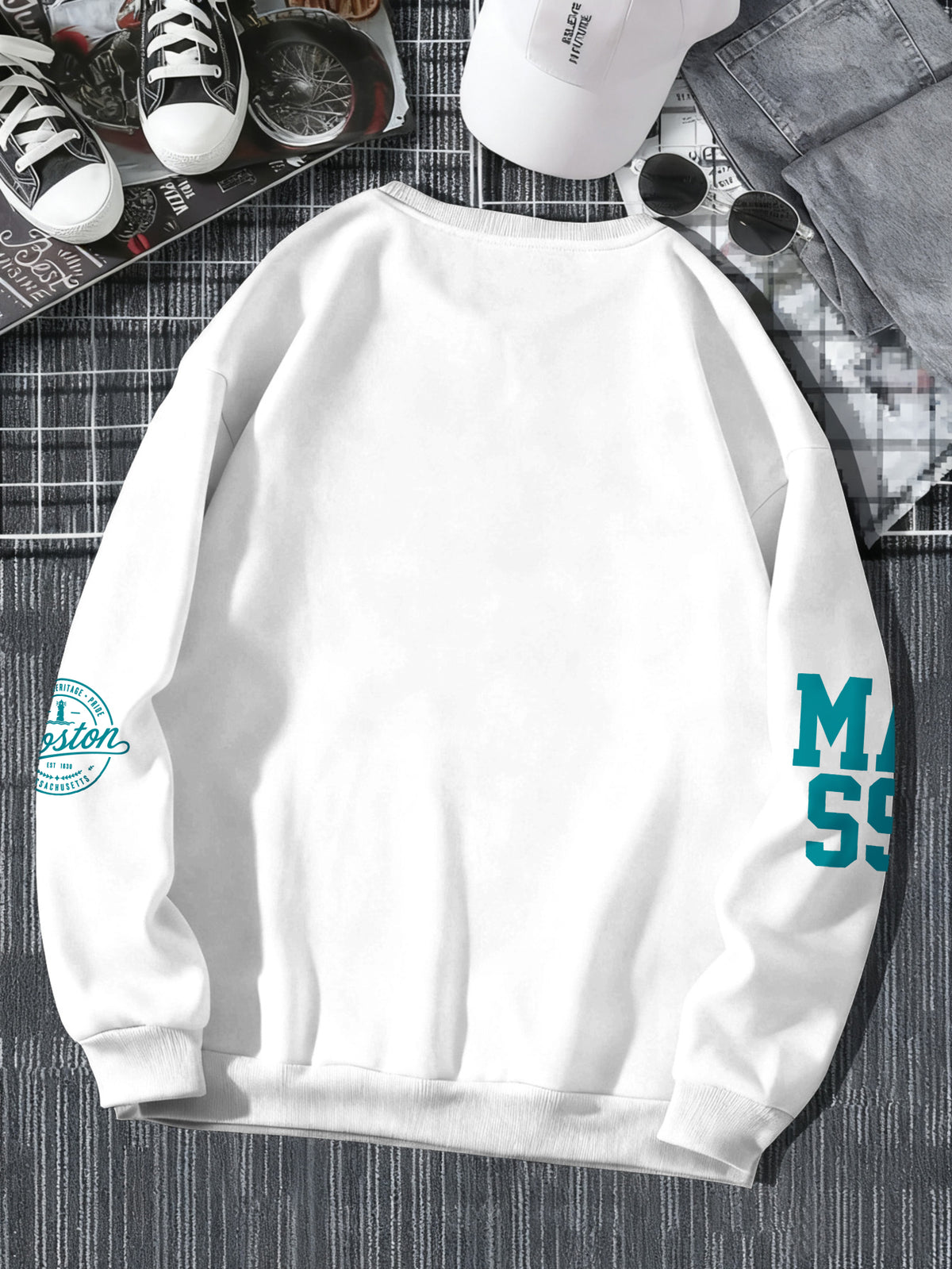 Men's Street Style Cool Crew Neck Sweatshirt, American Street Style Letter Print Casual Travel Fashion Wear - White