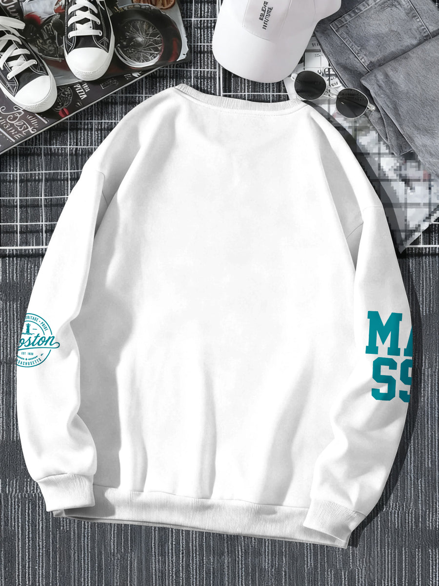 Men's Street Style Cool Crew Neck Sweatshirt, American Street Style Letter Print Casual Travel Fashion Wear - White