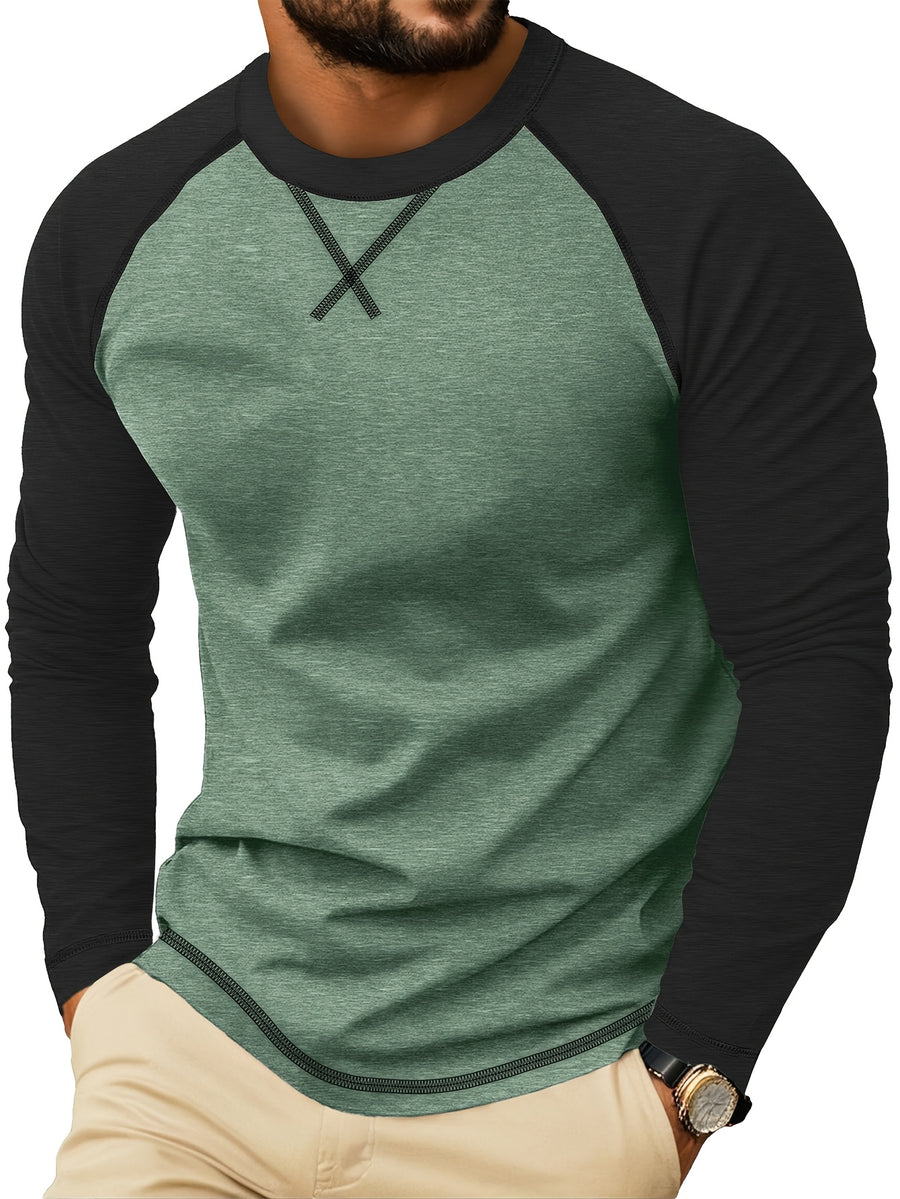Cross-Border Men'S Long Sleeve Round Neck T-Shirt, Export European And American Men'S Clothing Color-Block Top Base Layer - Green With Black