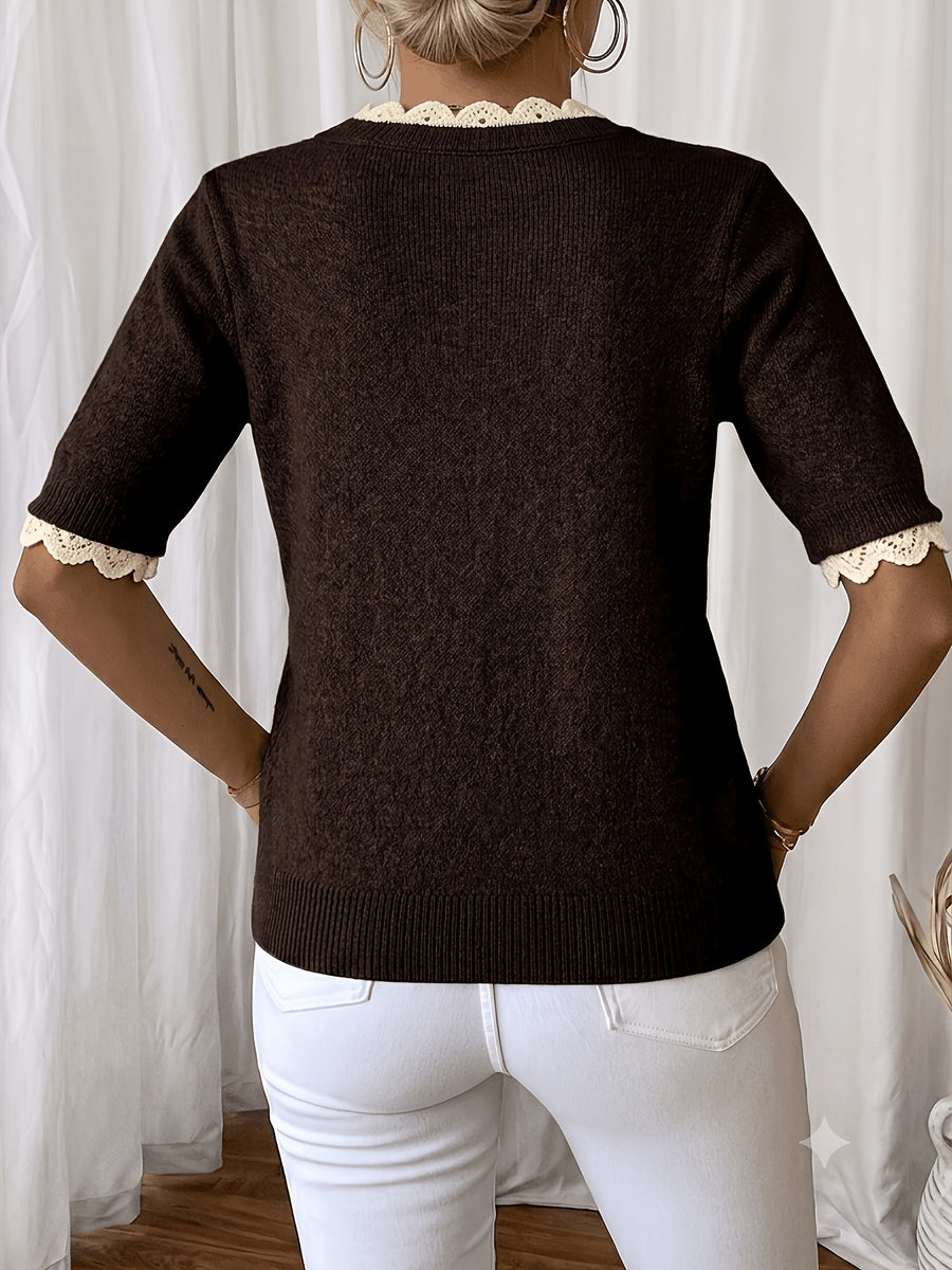 Women'S Elegant Round Neck Sweater Pullover, Casual Short Sleeve Top, Solid Color Spring Summer Pullover, Loose Fit, Comfortable Wear, Suitable for Spring Summer Autumn Fashion Versatile Women'S Clothing, Short And Deep - Coffee Color