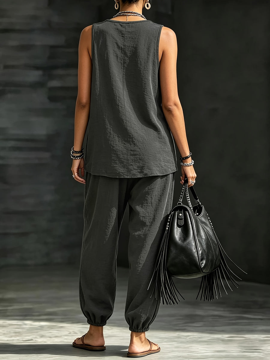 Women's Casual Vacation Solid Color 2pcs Set: Round Neck Top + Loose Fit Cuffed Pants - Dark Gray