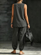 Women's Casual Vacation Solid Color 2pcs Set: Round Neck Top + Loose Fit Cuffed Pants - Dark Gray