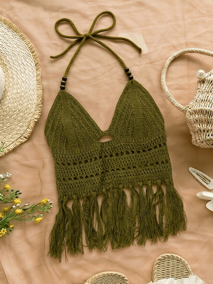 Spring Summer New Women'S Vacation Style Crochet Halter Top Solid Color Tassel Trim Hollow Out Beach Top, Bohemian Style, Date Outing, Valentine'S Day Gift, Music Festival Outfit, Mother'S Day, Beach Vacation [ASD1] - Olive