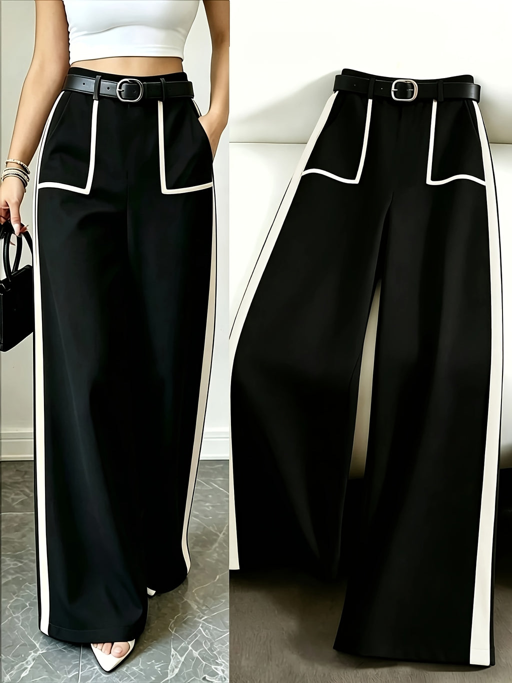 Grey Autumn and Winter Business Casual Wide Leg Straight Leg Pants, Stylish and Elegant Splicing Design, Loose Commuting Multi-purpose Pants, Suitable for Wearing in Spring and Autumn Seasons, Elastic Back Waist Casual Multifunctional Pants - Black