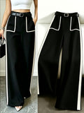 Grey Autumn and Winter Business Casual Wide Leg Straight Leg Pants, Stylish and Elegant Splicing Design, Loose Commuting Multi-purpose Pants, Suitable for Wearing in Spring and Autumn Seasons, Elastic Back Waist Casual Multifunctional Pants - Black