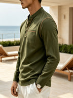 Men'S Fashion Easy Contrast Stand Collar Comfortable Versatile Casual Men'S Henley Long Sleeve Shirt Spring Fall Home Outdoor 1pc - Military Green