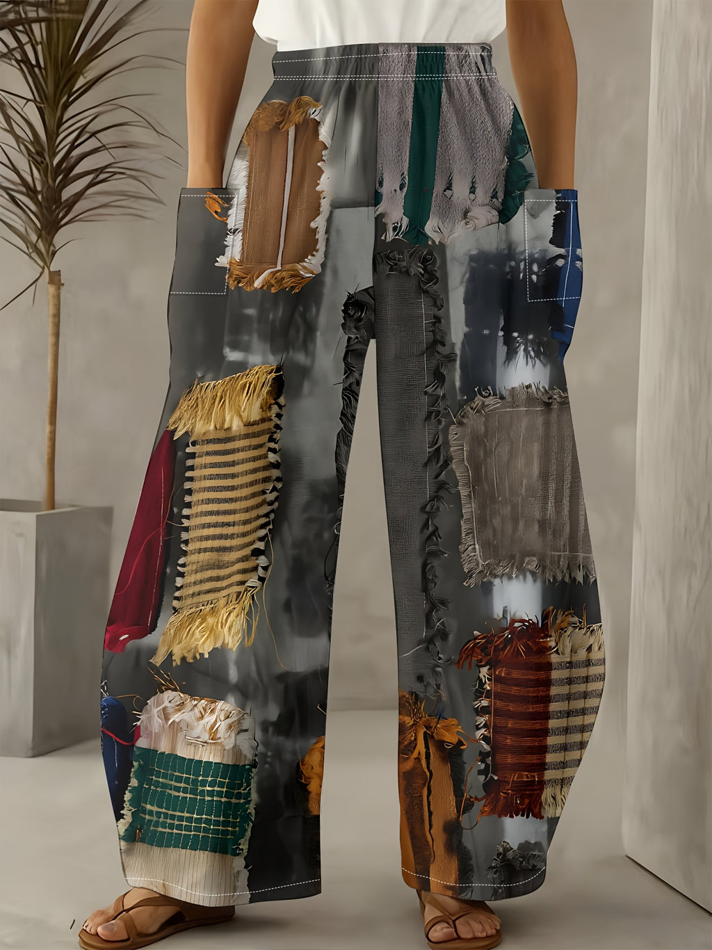 Digital Print Women'S Wide-Leg Pants: Cool And Breathable Lightweight Fabric, Soft Touch Smooth And Non-Pilling Design, Elastic Waistband Versatile Casual Style Spring And Summer Clothing - Multicolor