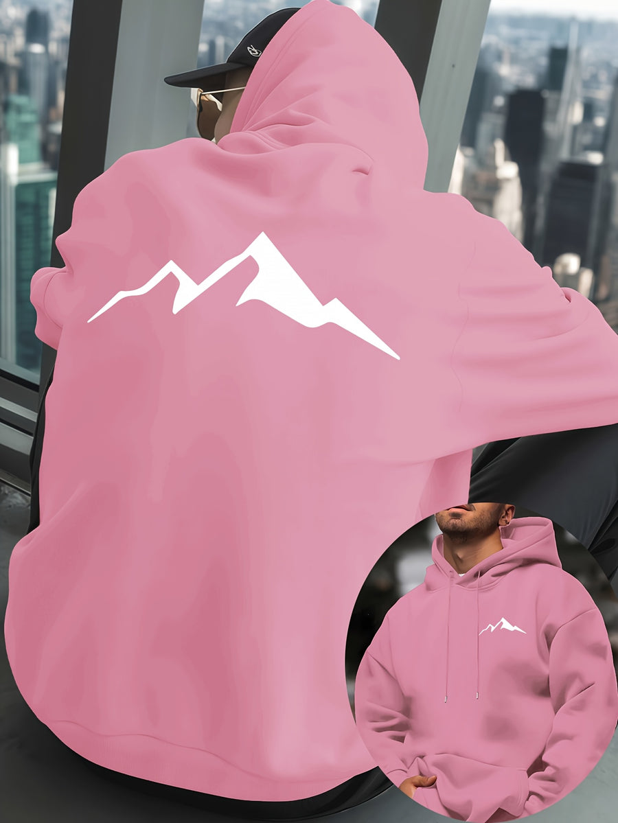 Mountain Men'S New Trendy Autumn Winter Hooded Sweatshirt, Casual Daily Drawstring Hoodie Creative Design Print, Kangaroo Pocket, Unisex Top - Pink