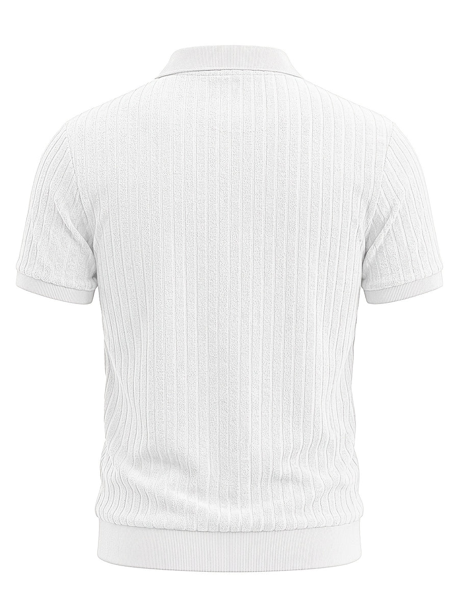 3pcs Men'S Half-Zip Vertical Ribbed Light Luxury Knit Short Sleeve Polo Shirt Set, Soft Breathable Collared Solid Color Top, Regular Fit, Casual Commute, Office, Beach, Camping, Vacation Leisure Versatile Men'S Wear, Olive Green, Beige, Navy, White - White+khaki+black