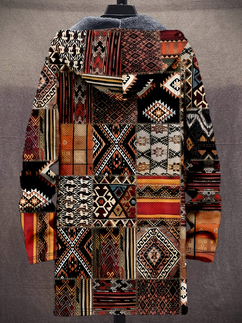 Retro Ethnic Art Pattern 3D Print Fashion Men'S Plush Thick Long-Sleeved Cardigan Coat Winter Warm Zipper Hooded Coat, Casual, Regular Fit, Daily, Geometric Print - Coffee Color