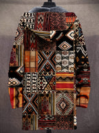 Retro Ethnic Art Pattern 3D Print Fashion Men'S Plush Thick Long-Sleeved Cardigan Coat Winter Warm Zipper Hooded Coat, Casual, Regular Fit, Daily, Geometric Print - Coffee Color