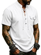 Men's Vintage Medieval Henley Shirt - Short Sleeve Mandarin Collar Cross Drawstring Blouse | Loose Fit Linen Look Top | Suitable for Casual Vacation, Outdoor & Casual Attire, Multi-Color Options - White