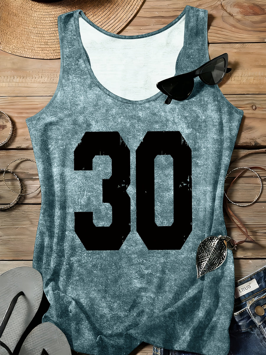 Arabic Numeral & '30' Letter Print Vest - All-Over Base Layer Suitable for Travel,, Outdoor | Machine Washable Sleeveless Top with Number | Casual Round Neck Wear for Streetwear and Year-Round Use - Sea Blue