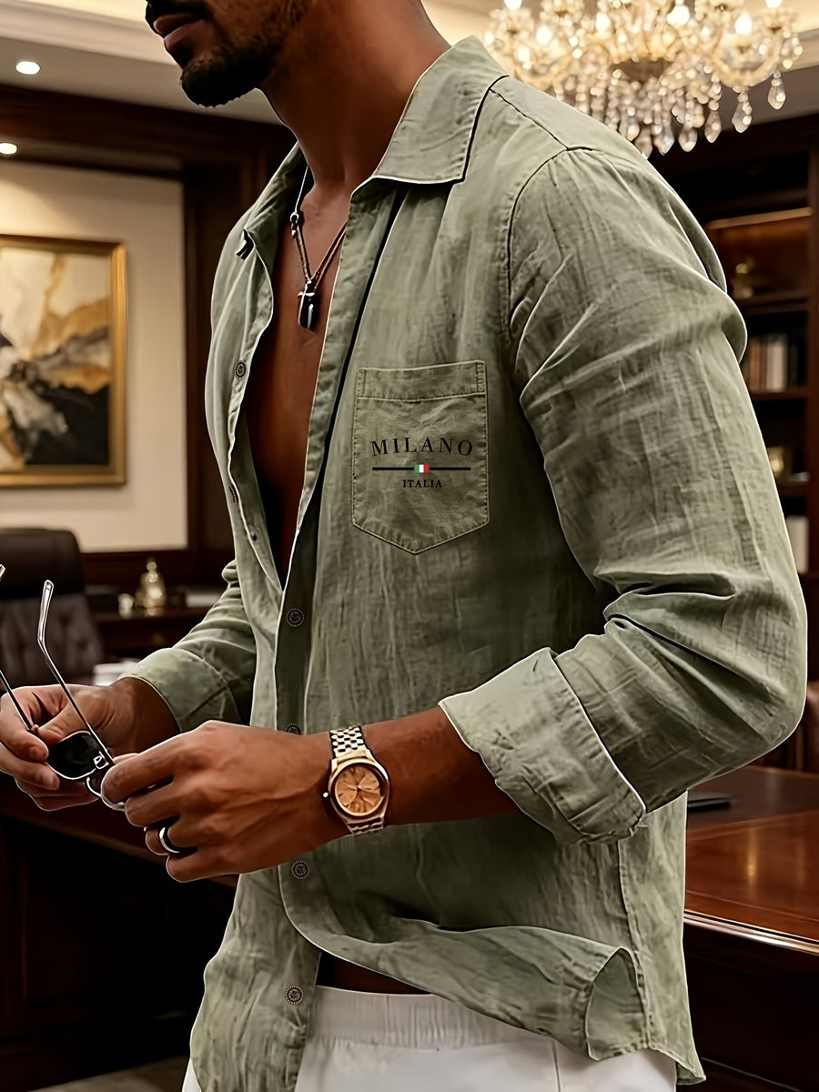 Men's Henley Shirt in Linen with Long Sleeves, Featuring Comfortable and Breathable Fabric with Trendy Printed Designs. Suitable for Daily Outings, Outdoor Sports, Travel, and Vacations. Lightweight and Breathable with a Regular Fit, Chest Pocket - Olive Green