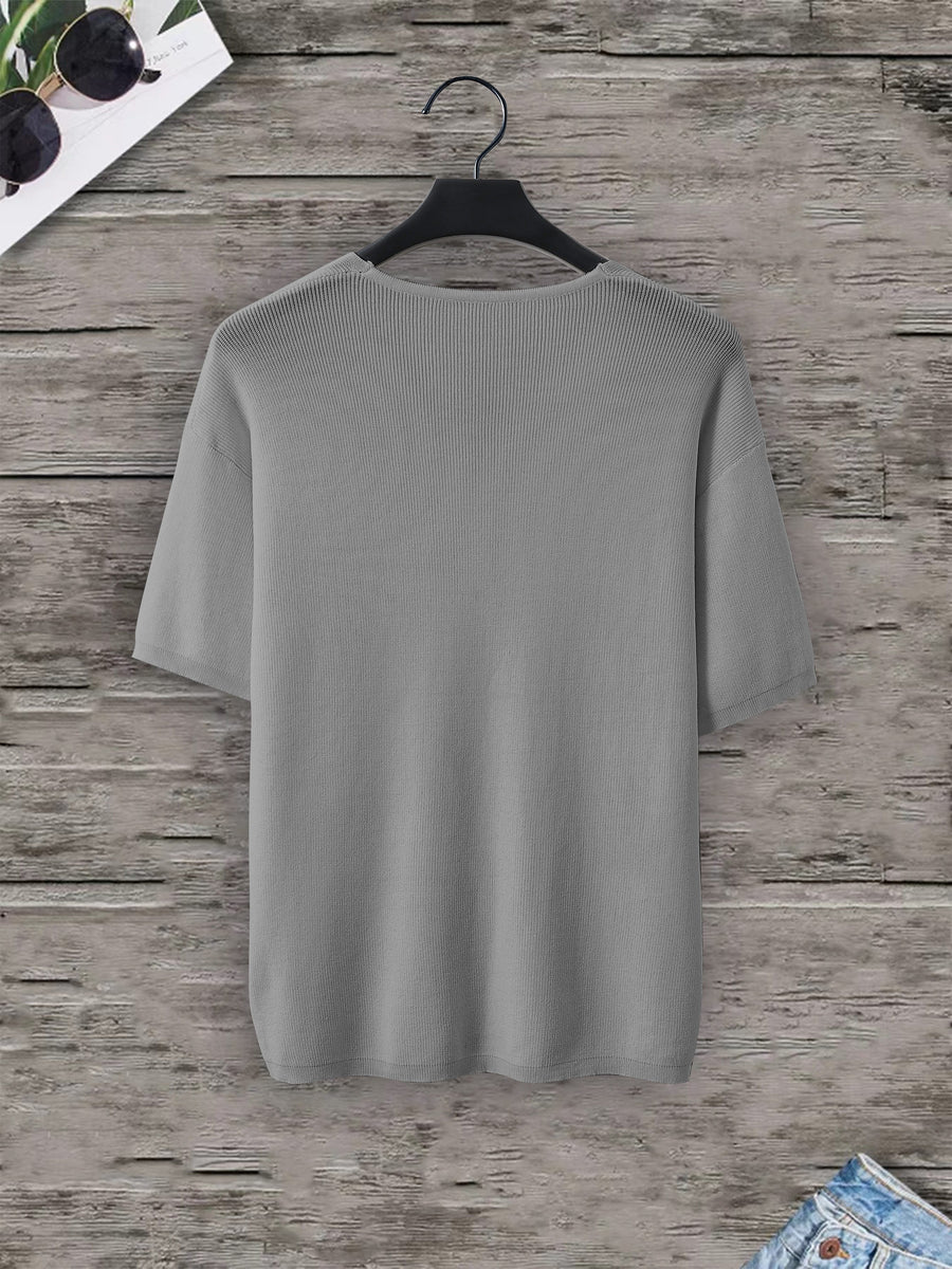 Men'S Loose-Fitting Short-Sleeve Pullover with a V-Neck And Dropped Shoulders, Knit - Grey
