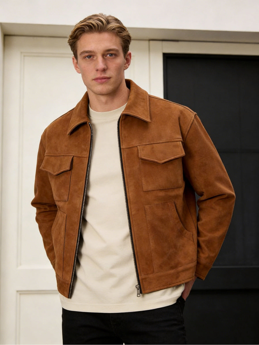 2026 Spring/Autumn New European and American Men's Lapel Jacket, Daily Fashion Commuting Party Date Coat, Workwear Style, Simple Outdoor Sports - Coffee Color