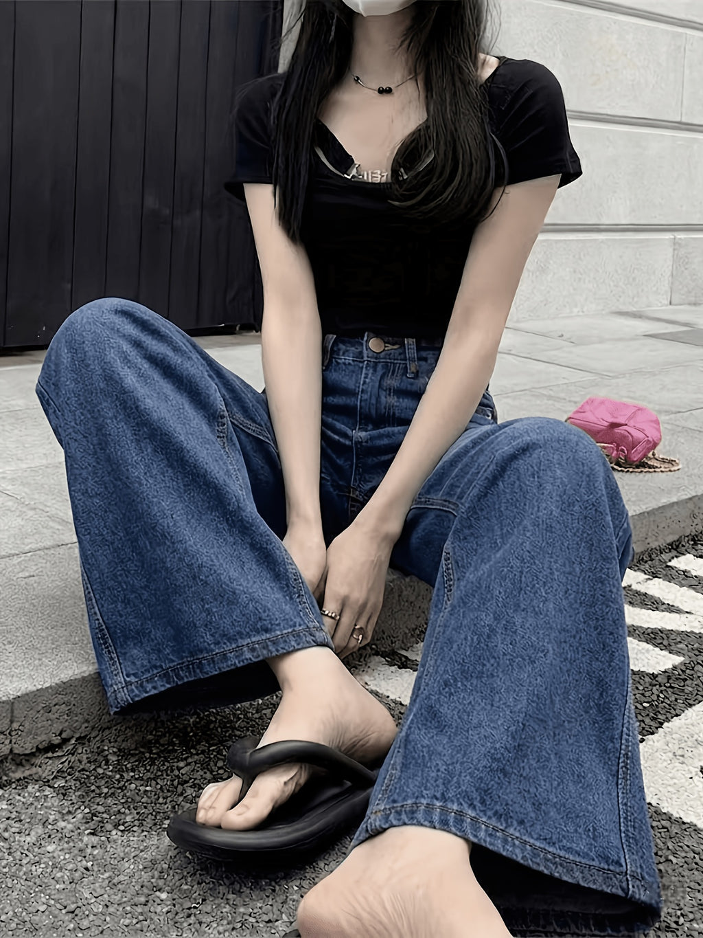 26-Year Seasonal New Arrival: American-Style Straight-Leg Loose-Fit High-Drop Wide-Leg Jeans for Women, High-Waisted Flattering Floor-Length Pants, Versatile Commuter Casual Trousers for Women - Sea Blue