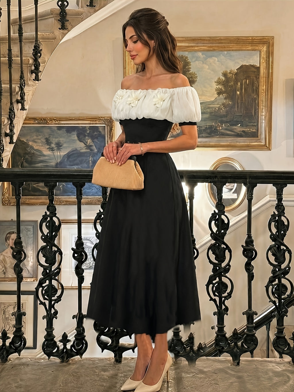 Targeted Elegant Women'S Clothing Floral Embellishment Off-Shoulder Dress - Black
