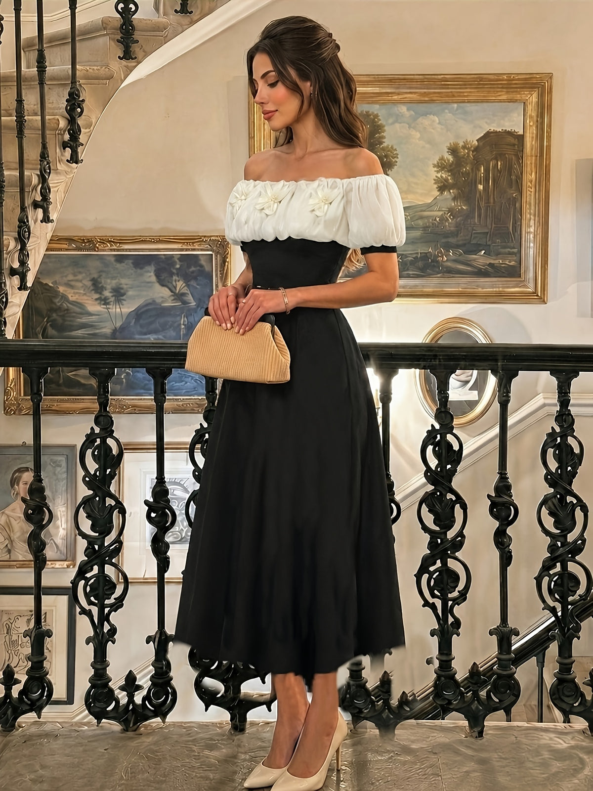 Targeted Elegant Women'S Clothing Floral Embellishment Off-Shoulder Dress - Black