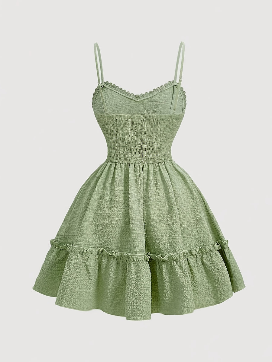 Elegant V-neck Lace-Trimmed Strap Dress | Solid Color, Contrast Lace Details, Suitable for Spring/Summer/Fall, for Adults - Green