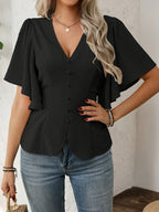 Women's Spring Summer French-Style Elegant Commuter Casual Vacation Solid Color V-Neck Button Decor Puffy Flared Sleeve Waist-Cinching A-Line Shirt - Black