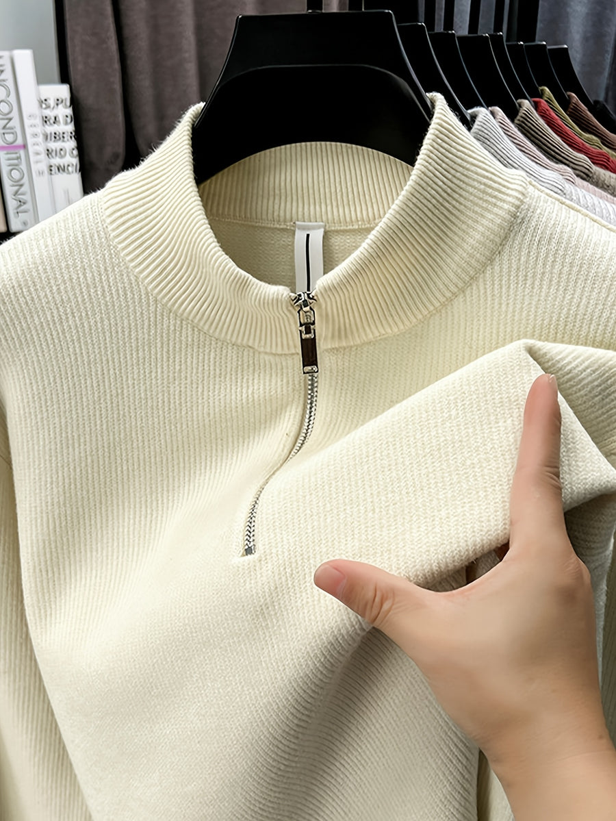 Men'S Half-Zip Stand Collar Knit Sweater, Non-Tight Loose Fit, Suitable for Most Men, Versatile Base Layer - SINBOS - Off-white
