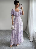 Elegant Everyday Casual Women's Chiffon Butterfly Print Batwing Sleeve Drawstring French-Style Sweet Summer Maxi Dress - Lavender