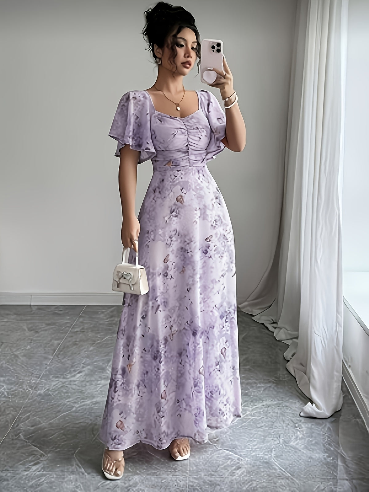 Elegant Everyday Casual Women's Chiffon Butterfly Print Batwing Sleeve Drawstring French-Style Sweet Summer Maxi Dress - Lavender