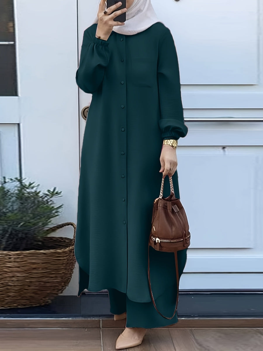 New Arabian 2pcs Abaya Set - Women'S Elegant Multi-Button Solid Color Long Sleeve Wide-Leg Trousers Without for Ramadan Spring Autumn Daily Commute - Dark Cyan