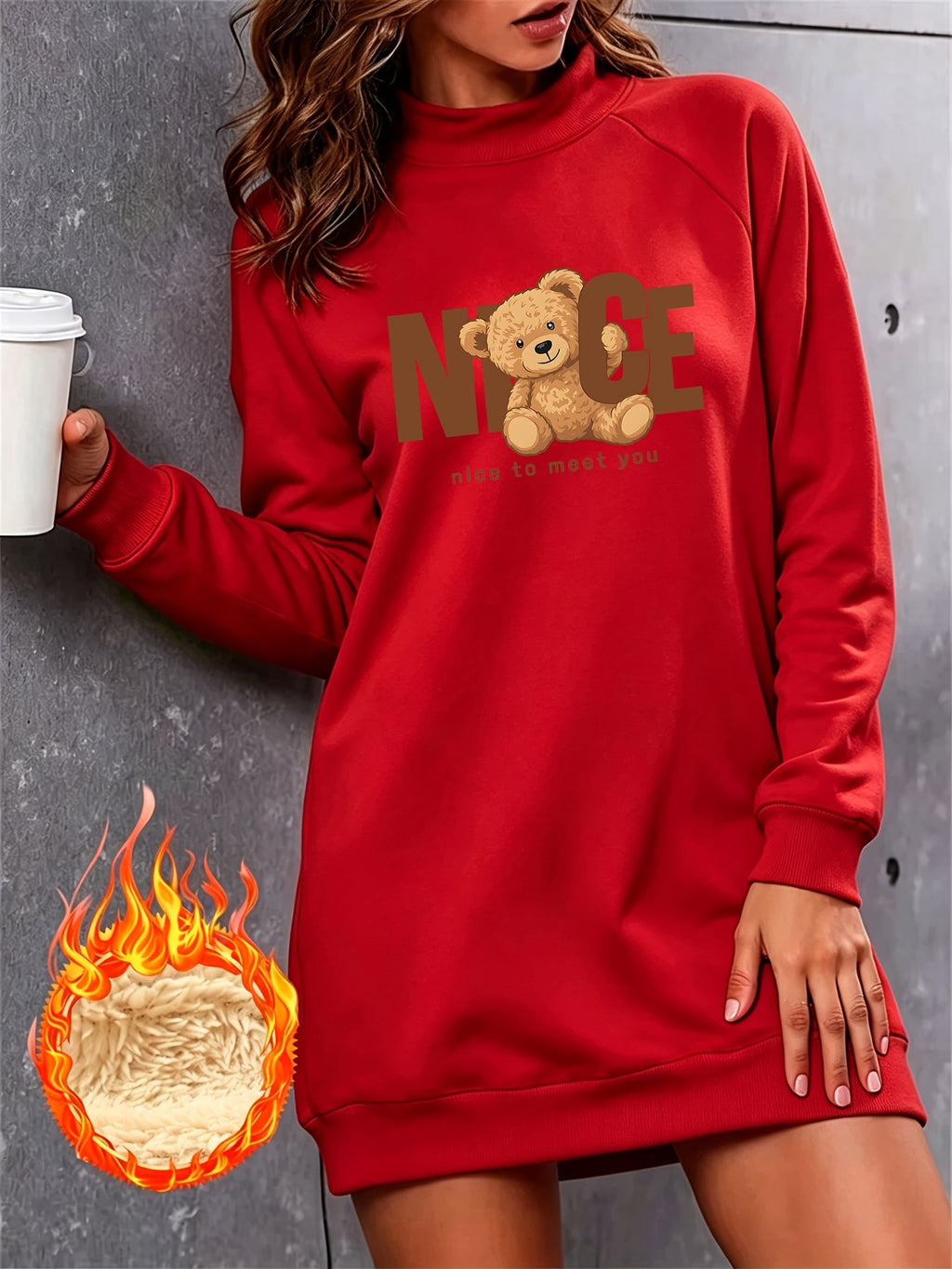 NICE Letter Bear Print Half-Turtleneck Long -Lined Sweatshirt for Women, Autumn/Winter Loose Fit Casual Sweatshirt Dress - Red