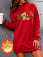 NICE Letter Bear Print Half-Turtleneck Long -Lined Sweatshirt for Women, Autumn/Winter Loose Fit Casual Sweatshirt Dress - Red