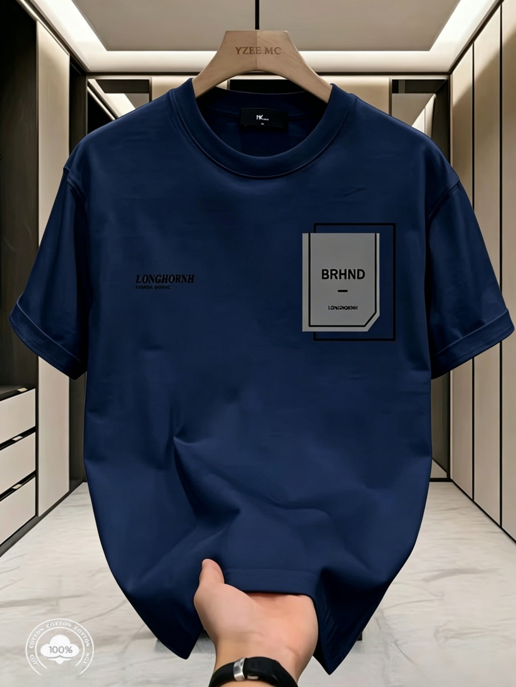 Minimalist Geometric Block Print Trendy Brand T-Shirt, Made with 210G Breathable Fabric, Soft And Comfortable to The Touch, Creating a High-End Personalized Fashion Style, 210G Print High-Quality Unisex, Easy Lines Outline Geometric Shapes - Navy Color