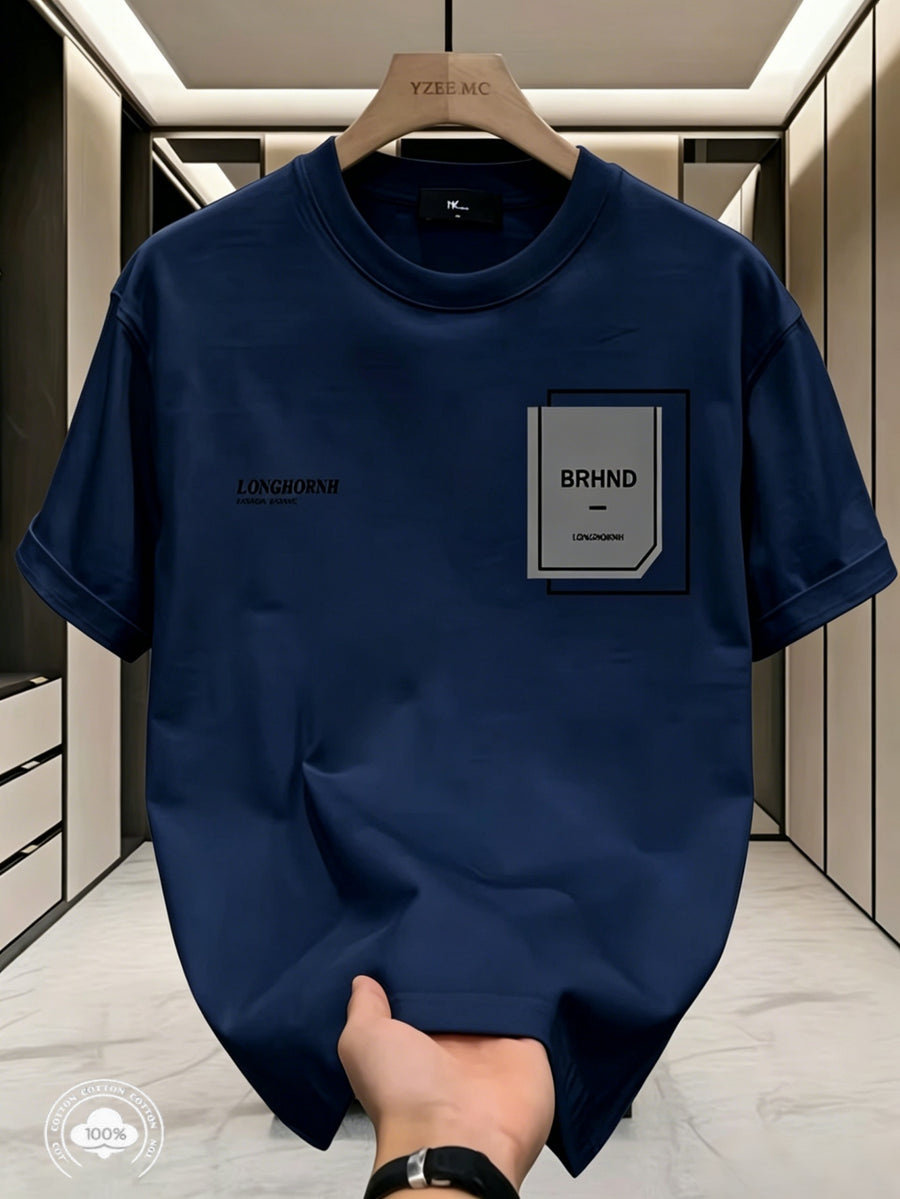 Minimalist Geometric Block Print Trendy Brand T-Shirt, Made with 210G Breathable Fabric, Soft And Comfortable to The Touch, Creating a High-End Personalized Fashion Style, 210G Print High-Quality Unisex, Easy Lines Outline Geometric Shapes - Navy Color
