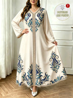 Plus Size - 2026 Middle Eastern Elegant Robe Spring Autumn Plus Size Fashion Women'S Ethnic Print Temperament Commuter Loose Comfortable Vacation Style Long Sleeve Dress 1 - Apricot