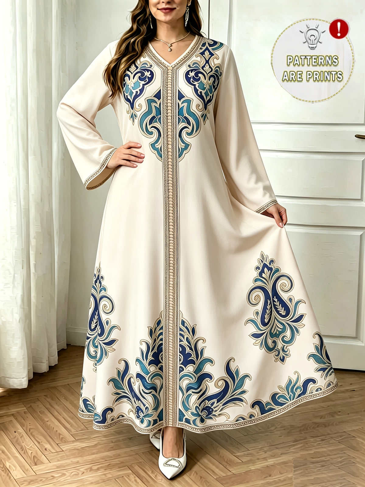 Plus Size - 2026 Middle Eastern Elegant Robe Spring Autumn Plus Size Fashion Women'S Ethnic Print Temperament Commuter Loose Comfortable Vacation Style Long Sleeve Dress 1 - Apricot
