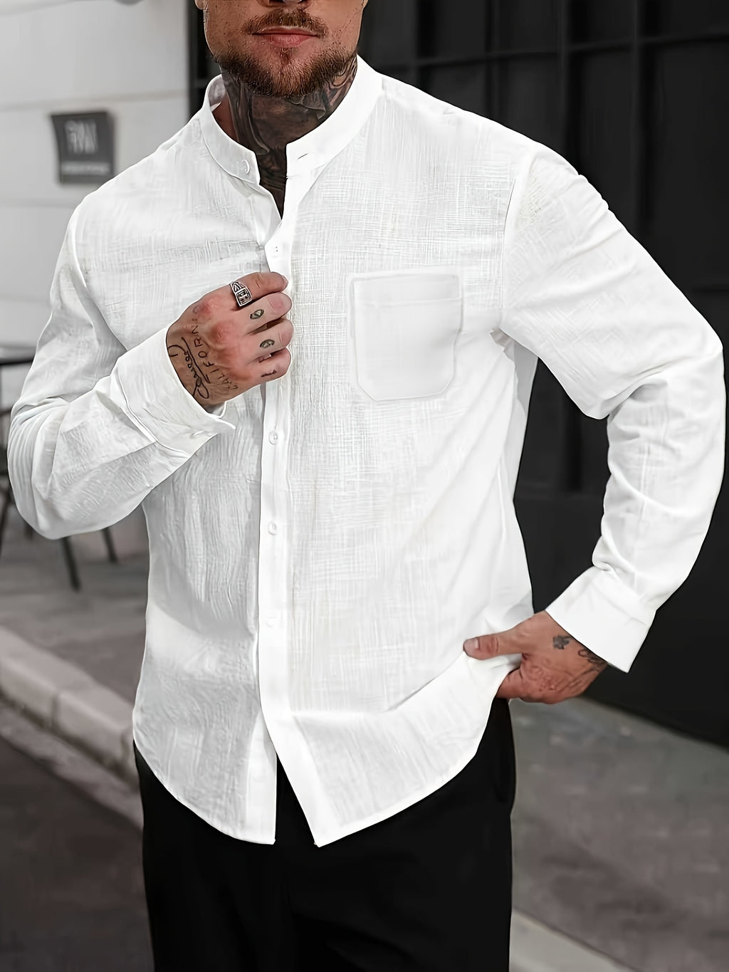 Men's Casual Stand Collar Solid Color Long Sleeve Button-Up Pocket Cardigan Shirt - White