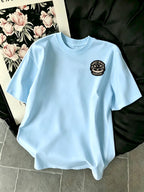 New Summer Style Men's Casual Sportswear Short-Sleeve Cotton T-Shirt with Coconut Tree and Crescent Moon Print, Moisture-Wicking and Comfortable for Fitness, Leisure, and Outdoor Activities - Light Blue