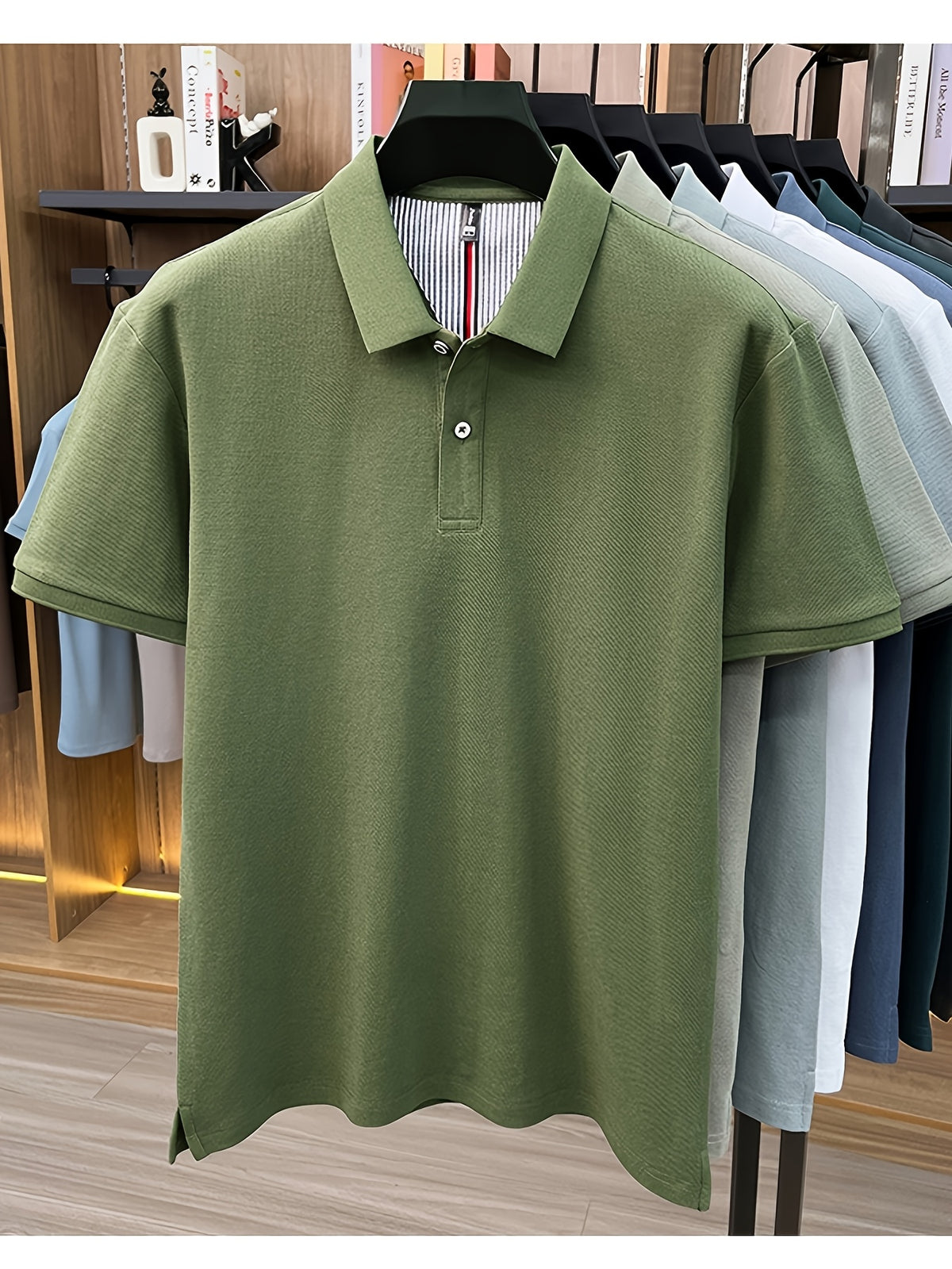 Men's Multi-Color Summer Pearl-Spun Mesh Long-Sleeve Polo Shirt with Contrast Lining and Lapel, Solid Color Simple Design, Skin-Friendly and Breathable, for Business Commuting, Daily Outings, Fishing Leisure, Mid-Life Men's Top - Military Green
