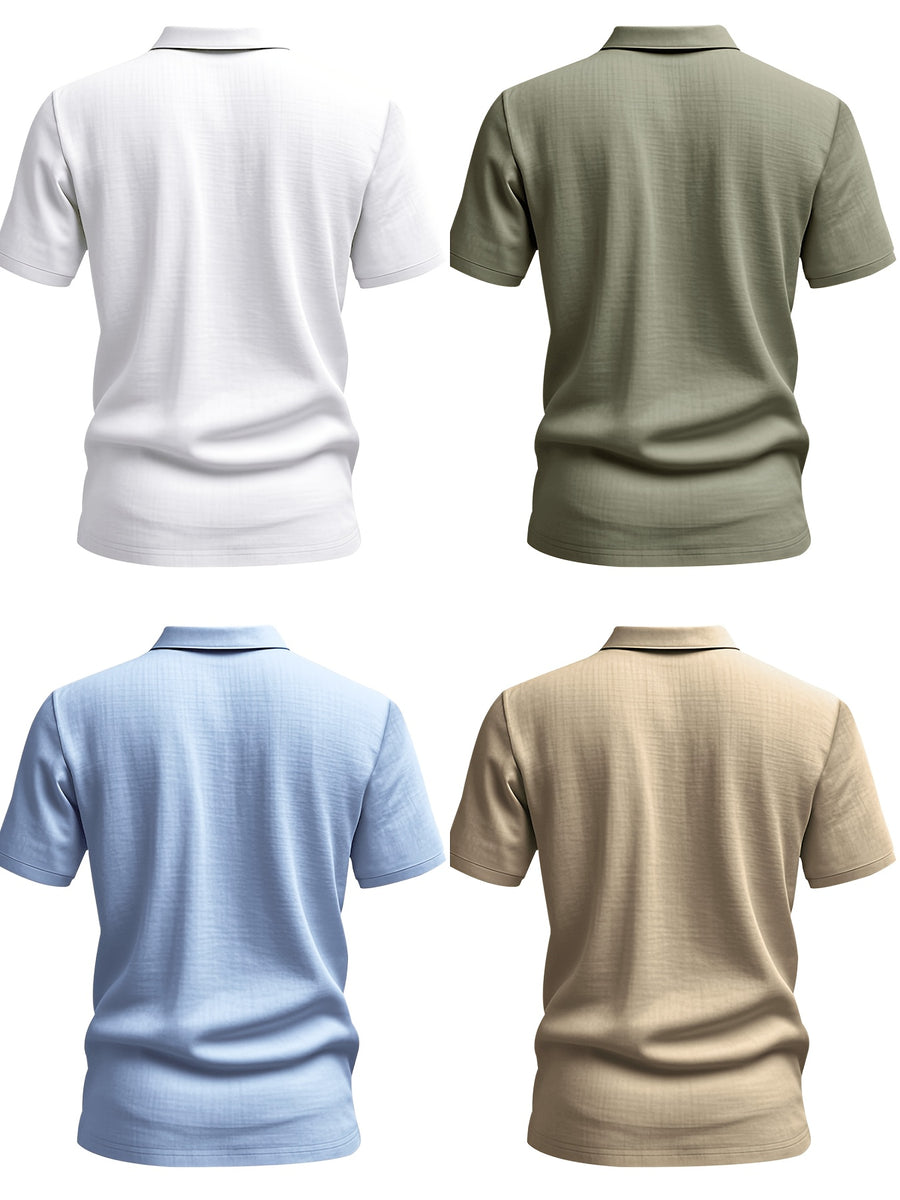 2026 Summer Men's 4pcs Set: Casual Vacation Relaxed Breathable Linen-Textured Business Casual Loose Fit Comfortable Minimalist Basic Style for Seaside Beach Golf Fishing Short-Sleeve Shirt - White Green Blue Card